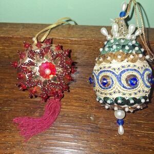 Beaded Satin Sequin Push Pin Ornament Red Ball White Blue Egg Vintage Christmas